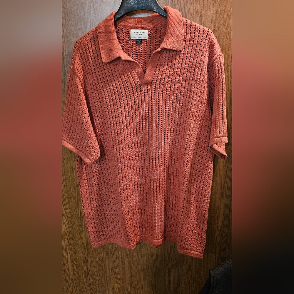 American Eagle Men's Textured Rust Polo Shirt